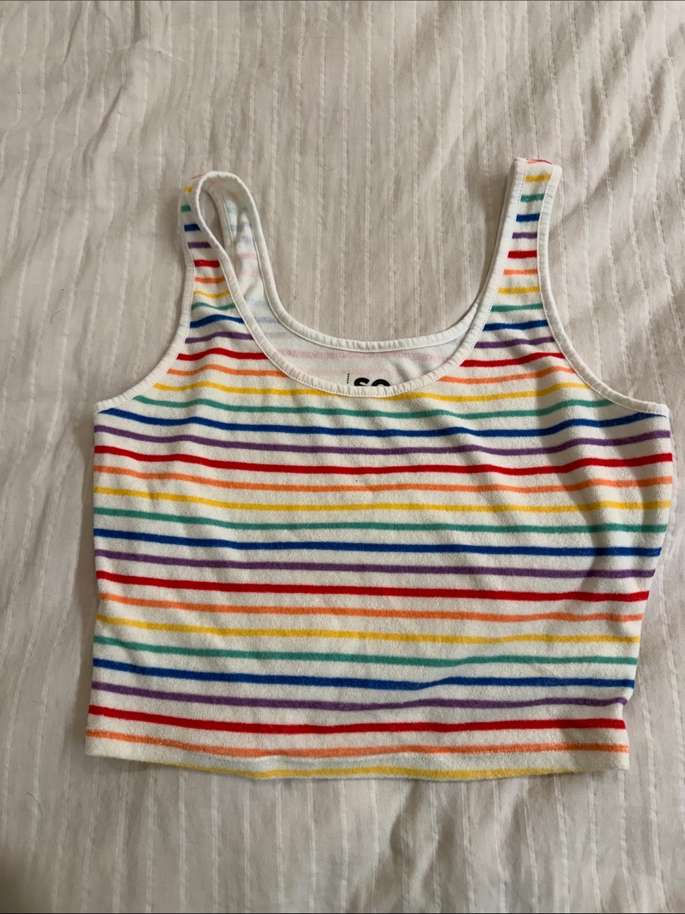 SO White terry cloth Cropped Tank Top with Rainbow Stripes